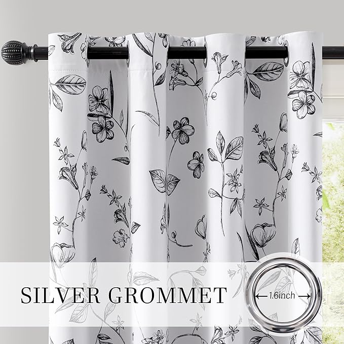 ChrisDowa 100% Blackout Floral Curtains 84 Inches Long 2 Panels for Bedroom Living Room Black Flower Patterned Room Darkening Thermal Insulated Soundproof Grommet Window Treatments Drapes,52X84