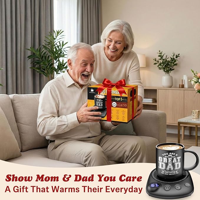 KitchekShop Coffee Mug Warmer - Fastest Heating & Highest Temperature, Coffee Cup Warmer for Desk Auto Shut Off, 4 Temp Settings & 1-12H Timer, Smart Electric Beverage Warme (Cup Warmer Set for dad)