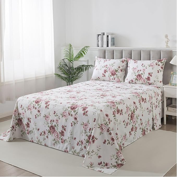 FADFAY Beige Vintage Floral Twin XL Size Sheets Set Premium 100% Cotton Shabby Brick Red Rose Pattern Bedding Set Deep Pocket Sheets with 2 Pillowcases Luxury Breathable Soft 4Pcs, Twin Extro Long