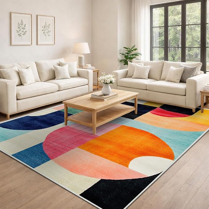 5x7 Colorful Area Rug Modern Abstract Orange Yellow Pink Blue White Beige Black Bedroom Rug Low Pile Thin Large Carpet Living Room Non Slip Dining Room Stain Resistant Office Washable Machine