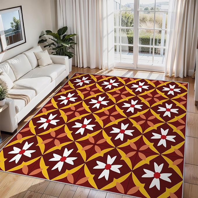 Geometric Flower Rugs for Home Decor, 6x8 ft, Mid Century Modern Area Rugs for Living Room, Soft Non Slip Washable Retro Floral Carpet Bedroom Decorations Dt-Ghf-69