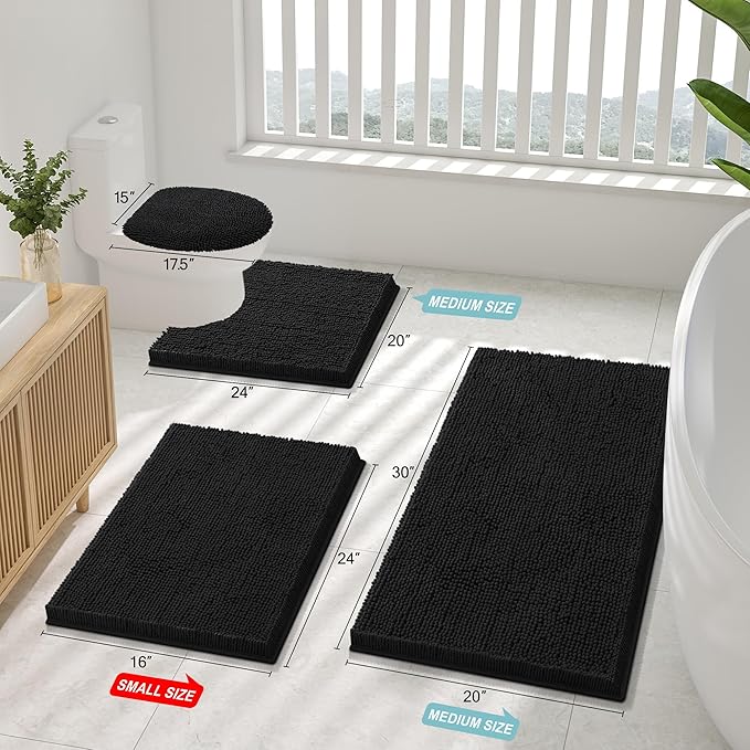 Smiry Luxury Chenille Bathroom Rugs 59x24, Extra Soft and Absorbent Shaggy Bath Mat, Machine Washable, Non-Slip Plush Carpet Runner for Tub, Shower, and Floor, Home Decor Accessories, Black