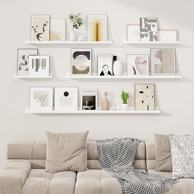 RICHFOCUS Picture Ledge Shelf, 48 inch Floating Shelves Set of 2, Wood Wall Shelves with Lip, Wall Decor Storage for Bedroom Living Room Bathroom Kitchen Nursery Photo Picture, White