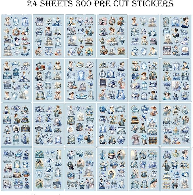 Auguro Vintage Ephemera Sticker 24 Sheets precut 300 washi Stickers Paper Journal Stickers for Adults People Junk Journal Sticker Book Scrapbooking Supplies