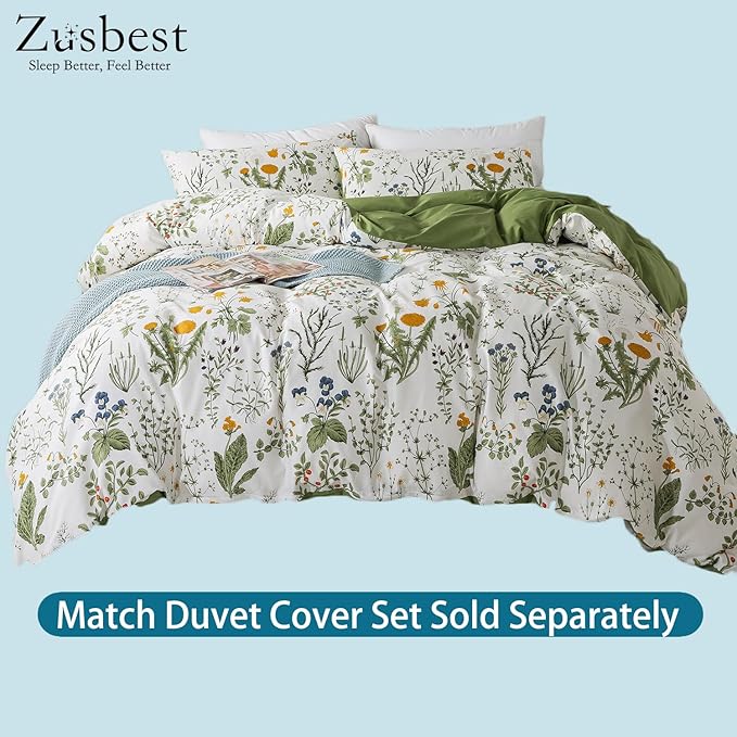 Zusbest Full Size Sheets 100% Percale Cotton Green Floral Bed Sheet Set Yellow Flower & Green Leaves Botanical Pattern Printed on White Garden Luxury Crisp Soft Deep Pocket Fitted Sheet 17.5'' 4Pcs