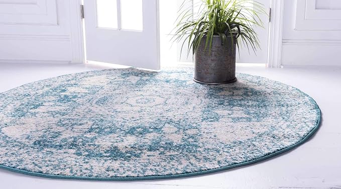 Unique Loom Bromley Collection Area Rug - Wells (8' Round, Turquoise/ Ivory)