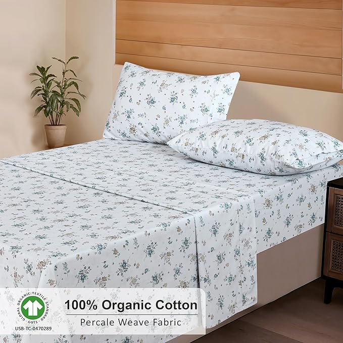RUVANTI 100% Organic Cotton Sheets California King, Percale Weave, GOTS Certified, 4-Piece Set, Deep Pocket 13", Crisp & Breathable, Soft Durable Bedding, Sábanas Algodón Orgánico – Halcyon