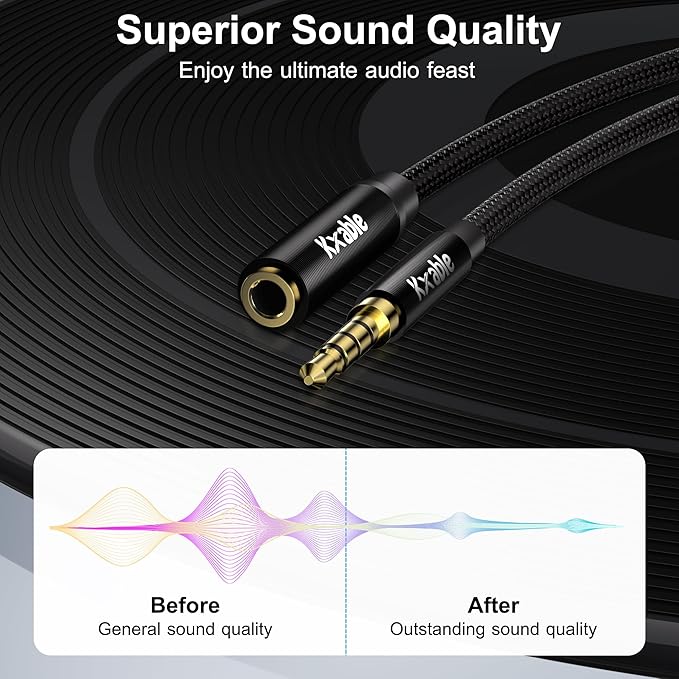 Kxable 3.5mm Headphone Extension Cable 25FT, 4 Pole TRRS 1/8 inch Male to Female Stereo Audio Cord, Nylon Braided, Microphone Compatible, for Headphone, iPad, Smartphone, Media Players, Tablet- Slim