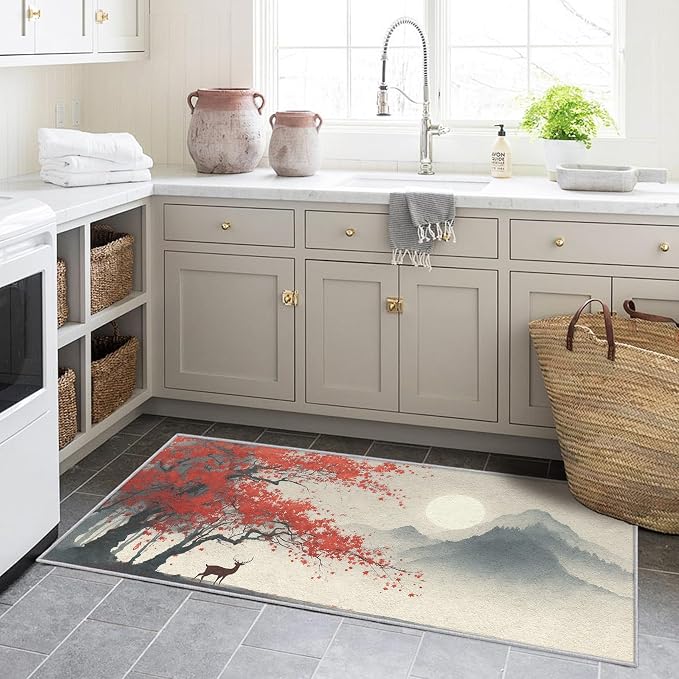 Asian Deer Runner Rug 2x8, Japanese Ink Design, Chinese Area Rug Washable Hallway Rugs Non-Slip Floor Carpet Runner for Bedroom, Narrow Hallway, Kitchen Aisle