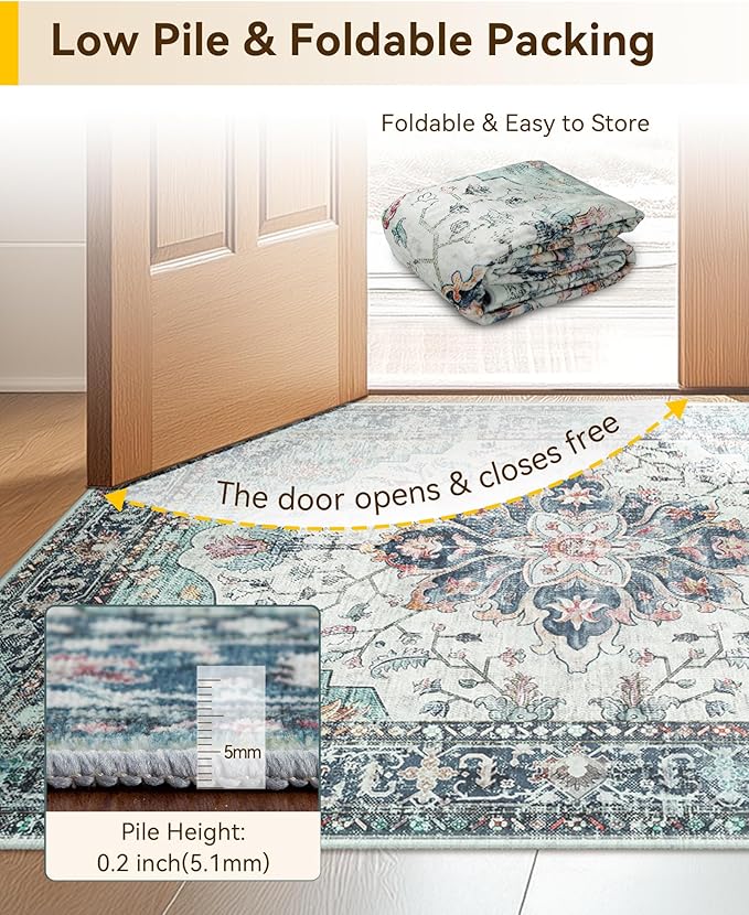 Area Rugs 6ft Washable Non-Slip, Floral Vintage Distress Print Pattern Medallion Carpet for Living Room Bedroom Dining Room, Green Navy Blue White Red Teal Colorful