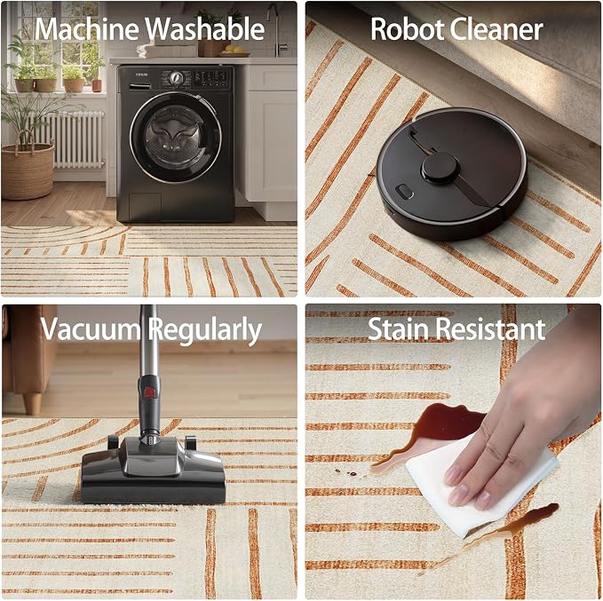 DCX Beige Machine Washable Area Rug 9x12, Midcentury Modern Non Slip Stain Resistant Rug 9x12 for Living Room, Playroom, Dining Room, Soft Low Pile Large Carpet