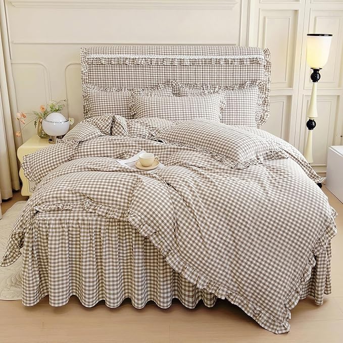 LifeTB Tan Gingham Comforter Set King Vintage Ruffle Beige Taupe Plaid Comforter Set 3 Pieces Soft Fluffy Grid Checkered Pattern Comforter with 2 Pillowcases Farmhouse Gingham Plaid Bedding Set
