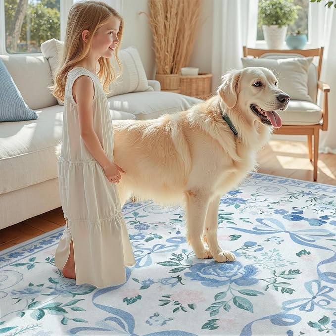 DCX Washable 8x10 Bow Rug, Blue Floral Rug for Girls’ Bedroom, Cute Soft Low Pile Indoor Décor Carpet, Kid & Pet Friendly Nursery Rug for Living Room, Dorm, Playroom