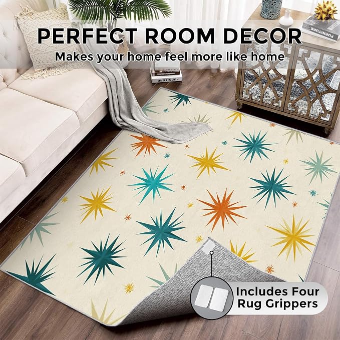 Mid Century Modern Rugs for Living Room Decor, 5x8 ft, Retro Starburst Atomic Area Rugs for Bedroom, Soft Non Slip Washable Geometric Sunburst Carpet Home Decorations D-g48
