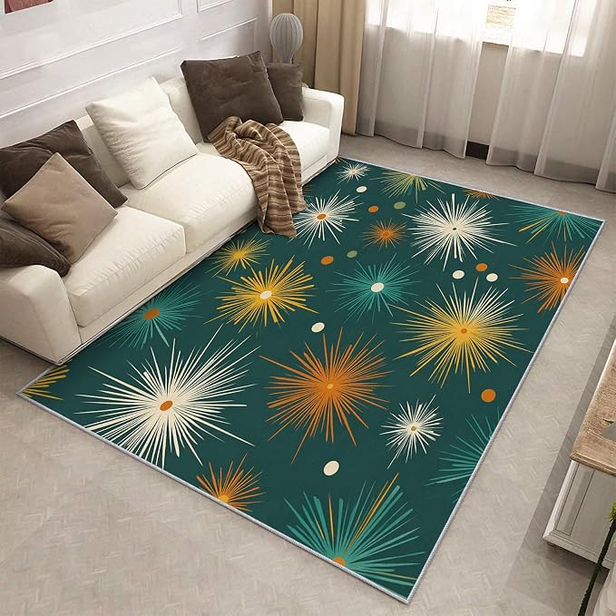 Abstract Atomic Rugs for Living Room Decor, 4x5 ft, MCM Geometric Starburst Area Rugs for Bedroom, Soft Non Slip Washable Mid Century Modern Carpet Home Decorations D-g48