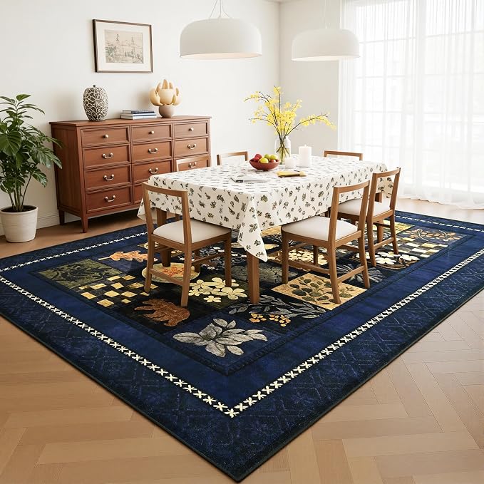 Tepook 5x7 Area Rugs for Living Room, Modern Large Geometric Rug for Bedroom, Washable Patchwork Rug Indoor Non Slip Throw Carpets for Dining Room Office Farmhouse Home Decor, Navy Blue
