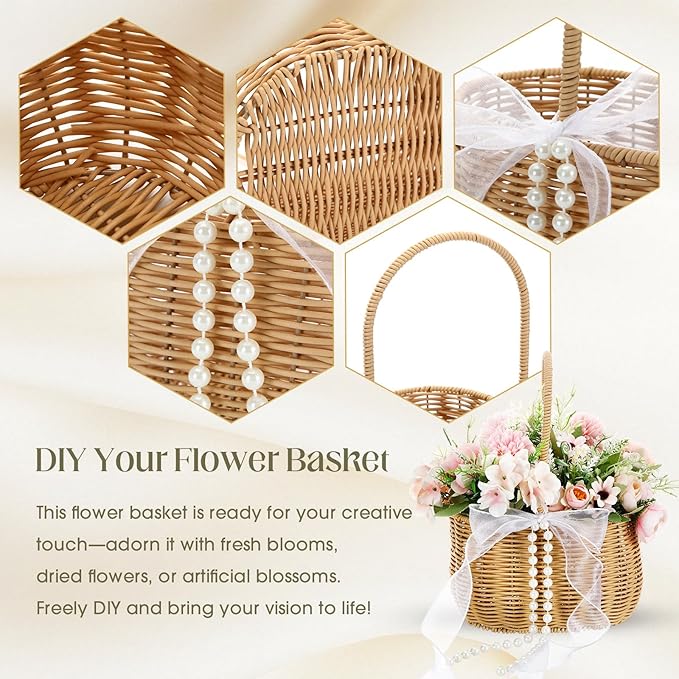 2 Pcs Wicker Rattan Flower Girl Basket with Bows and Pearl 11.8x8.7x5.1 Inches Rustic Wedding Basket for Flower Girl, Hand Woven Willow Storage for Ceremonies Home Decoration (Classic)