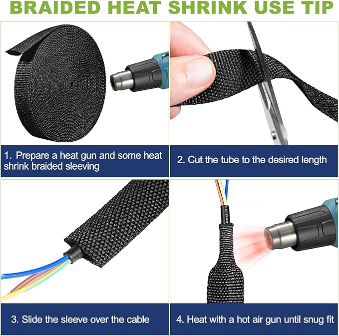 2:1Heat Shrink Wire Loom Braided Cable Sleeves,Heat Resistant Fabric Woven Shrink Tubing Wiring Harness for Protection Automotive,Harness Cable,Cable Management (1/2"-12ft)