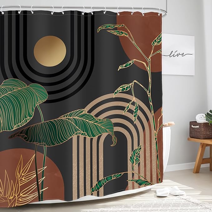 Glawry Brown Abstract Shower Curtain Boho Retro Tropical Palm Tree Leaves Bathroom Minimalist Aesthetic Modern 72Wx96L Inches Bath Accessories Art Home Decor Fabric 12 Pack Hook