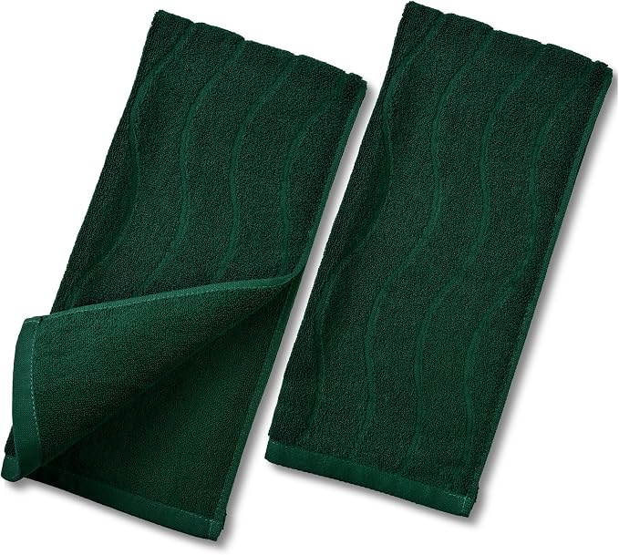 Jacquotha 2-Piece Hand Towels Set in Forest Green, Wavy Striped Jacquard Towels for Bathroom Kitchen (13x29 Inches, 100% Cotton)