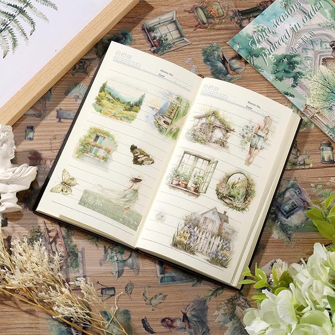 Auguro PET 20 Sheets 120 Pre-Cut Spring Journal Sticker Book for Scrapbooking People Landscape Stickers Transparent Sticker for journaling