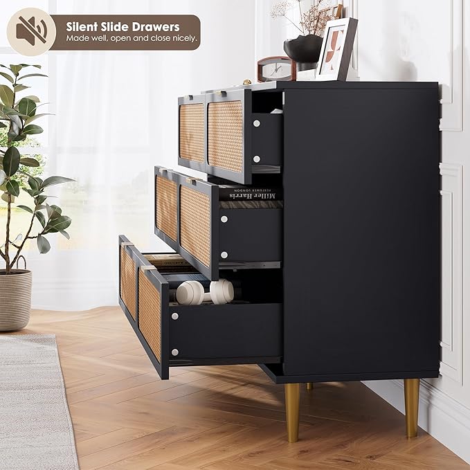 Garvee Rattan Dresser with 6 Drawers, Tall Modern Closet with Deep Storage, Large Chest of Drawers with Wide Top, Long Wooden Dresser for Bedroom, Living Room, Hallway, Kids Room, Black