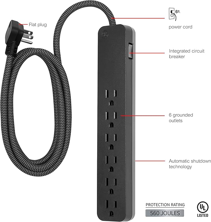 GE UltraPro 6 Outlet Surge Protector, 6 Ft Designer Braided Extension Cord, Flat Plug, Long Power Cord, Wall Mount, Black, 45271