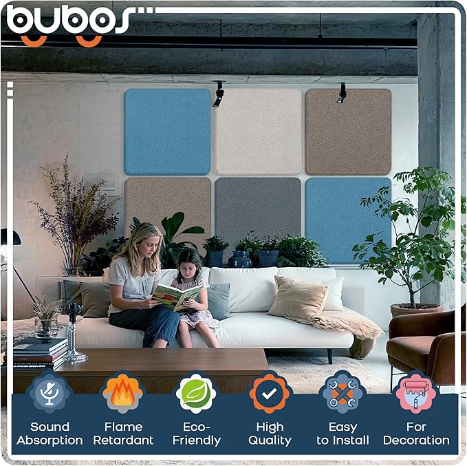 BUBOS 4 PCS Acoustic Panels 23.6''x23.6'', Sound Absorbing Panels for Wall, Decorative Fabric Soundproof Panels, Sound Deadening Panel for Studio, Office & Home Theater,Mistral