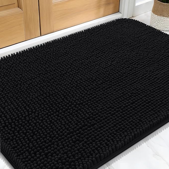 OLANLY Dog Door Mat for Muddy Paws 34x21, Absorbs Moisture and Dirt, Absorbent Non-Slip Washable Doormat, Quick Dry Chenille Mud Mat for Dogs, Entry Indoor Entryway Carpet for Inside Floor, Black