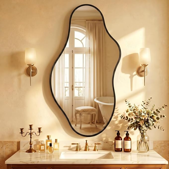 Dorlicecass Bathroom Mirrors for Over Sink - Long Wall Mirrors Decorative 20"x 36" Asymmetrical Abstract Aviation Aluminum Alloy Frame Unique for Bedroom, Living Room, Cloakroom, Entryway Black