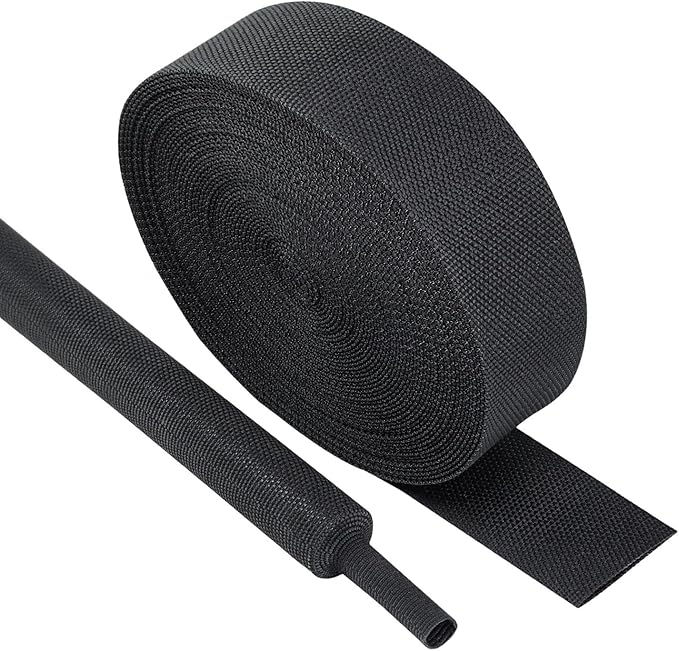 Black 2:1 Ratio Automotive Heat Shrink Braided Sleeving,Wear-Resistant Flat Woven Shrinkable Sleeve Fabric Car Cable Wires Hoses Protection (1-1/8"-8ft)