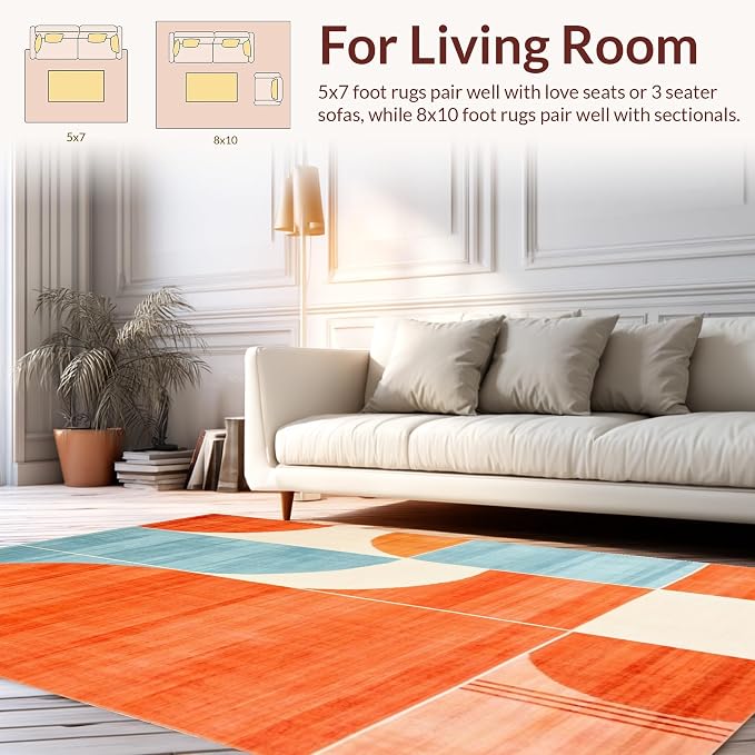 Flatwoven High Traffic Area Rug 4x6, Mid Century Modern Artistic Abstract with Geometric Elements, Non Slip, Stain Resistant, Washable Area Rugs for Living Room, Bedroom (Orange, 4x6)