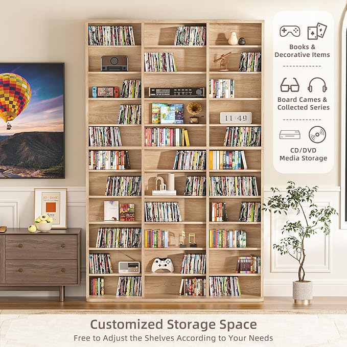 LELELINKY 11 Tier Tall Display Cabinet, Natural Media Storage Cabinet with Adjustable Shelves, Free Standing DVD Organizer Shelf, Multimedia Storage Manga Bookshelf for Living Room & Home Office.