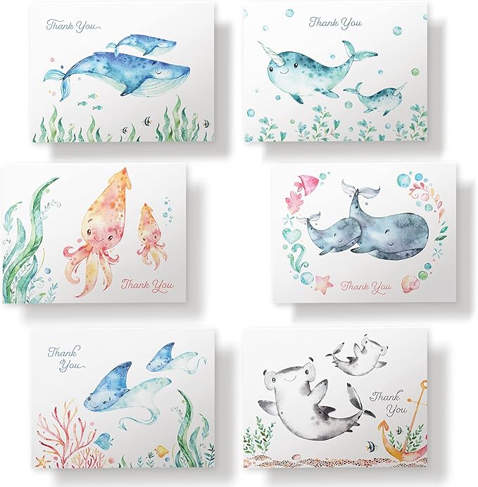 Twigs Paper Thank You Card Set - 12 Assorted Greeting Cards For All Occasions - Thank You Cards with Envelopes - Appreciation Cards - Eco Friendly - Made In USA - 5.5 x 4.25 Inch Size - Ocean Themed