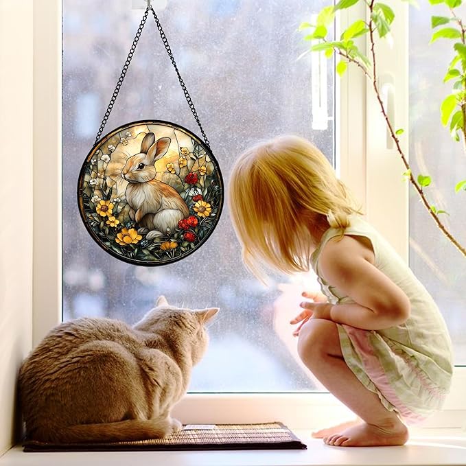Stained Glass Window Hanging - Rabbit Flowers Suncatcher Ready to Hang Window Doors Home Decoration, Easter, Mother's Day Birthday Gifts for Women, Men, and Mom 7.8x7.8 in