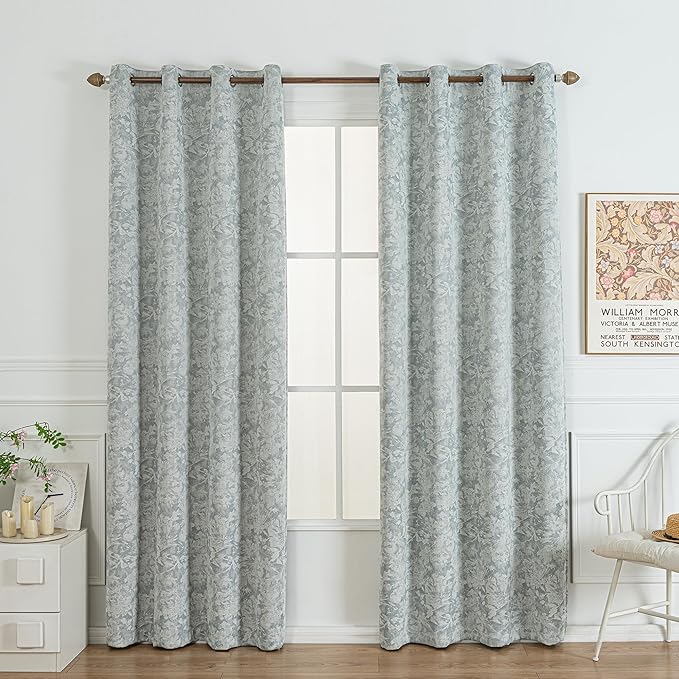 Chenille Floral Blackout Curtains 84 Inch Length 2 Panels Set - Bedroom Living Room Darkening Thermal Insulated Black Out Window Treatments Grommet Jacquard Drapes 52 Inch Wide Blue