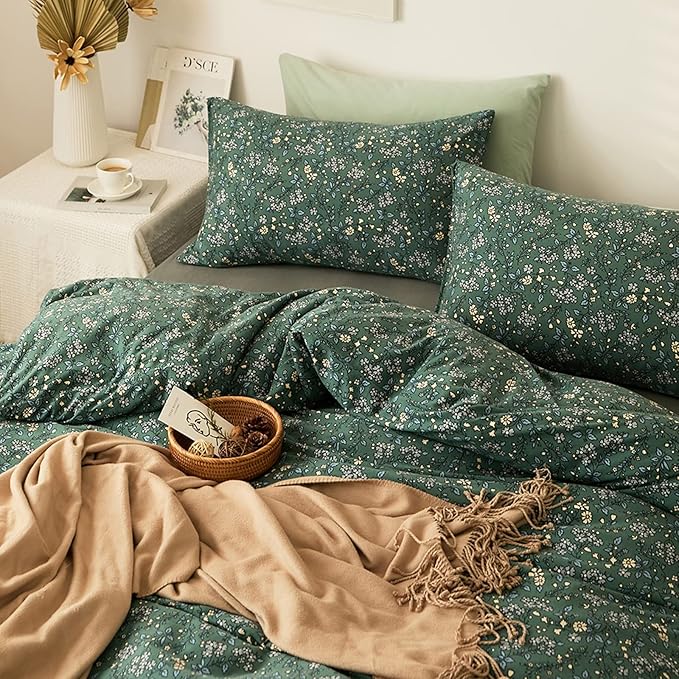 HighBuy Full Size 100% Cotton Jersey Knit Duvet Cover Set - Green Floral - 3 Piece - Duvet Cover (80"x90") & 2 Pillowcases (20"x26") - Cottagecore Style - Unisex - Breathable & Fade Resistant