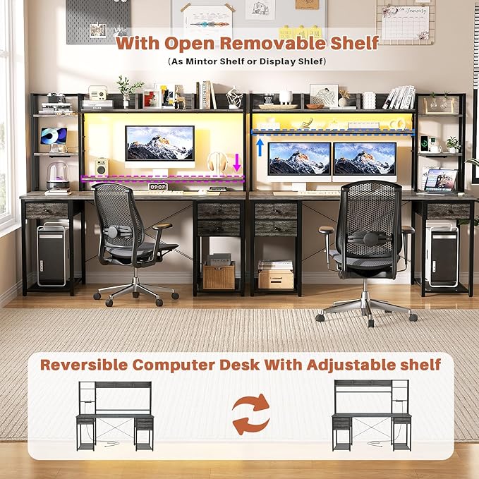 Aheaplus Desk with LED and Outlets, Gaming Desks with Hutch, 55.2'' Computer Desk with Drawers, Reversible Office Desk with Storage Bookshelf Large Workstation with Shelf, Desk for Home, Black Oak