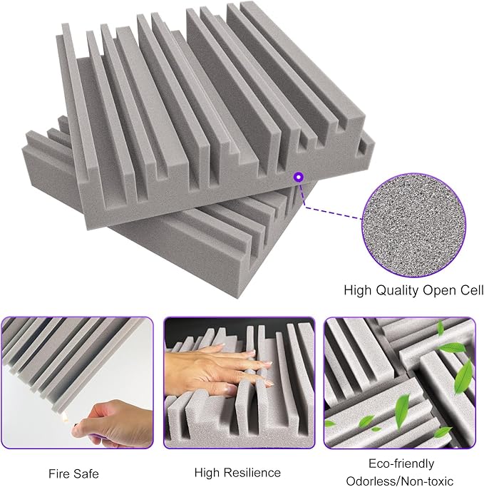 TroyStudio Self-adhesive Acoustic Foam Panels, 12 X 12 X 2 Inches 6 Pcs Broadband Sound Absorbing Foam, Dense Soundproof Padding Tile, Recording Studio Foam Absorber, Groove Decorative Wall Panel