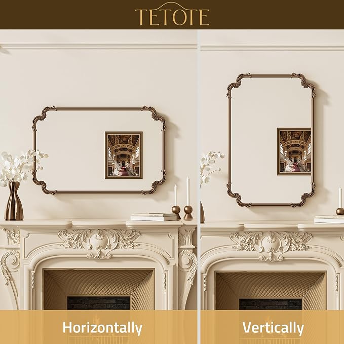 TETOTE Antique Gold Brass Rectangle Mirror for Mantle Fireplace 30 x 36 Baroque Vintage Ornate Scroll Wall Mirror with Metal Frame for Traditional Victorian French Decor, Horizontal/Vertical