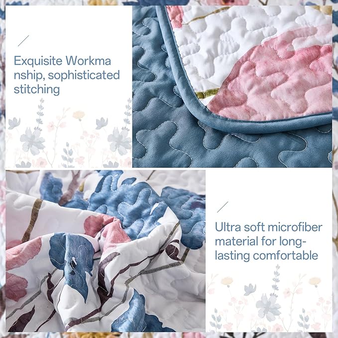 Anibedding Queen Quilt Set, Dark Blue Floral Bedspread Soft Microfiber Lightweight Queen Size Quilt Bedding Sets Flower Coverlet for All Season(Queen, 96"x90")