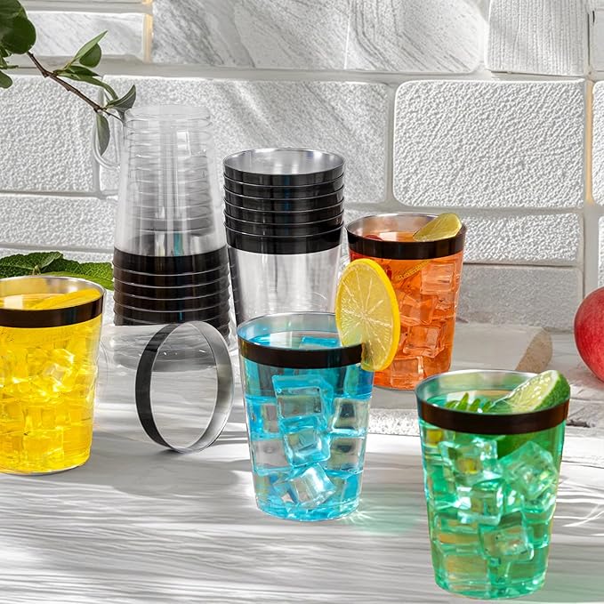 DaYammi 100 Pack Black Plastic Cups 10Oz Clear Disposable Cups with Black Rim, Clear Cocktail Cup Heavy Duty Disposable Wine Glasses Disposable Fancy Plastic Cups for New Year Party
