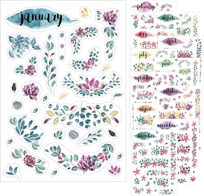 Transparent Monthly Planner Stickers - 12 Clear Sticker Sheets with Beautiful Watercolor Stickers & Undated Calendar Sticker Months - Planner, Scrapbooking and Journaling Supplies (Floral)