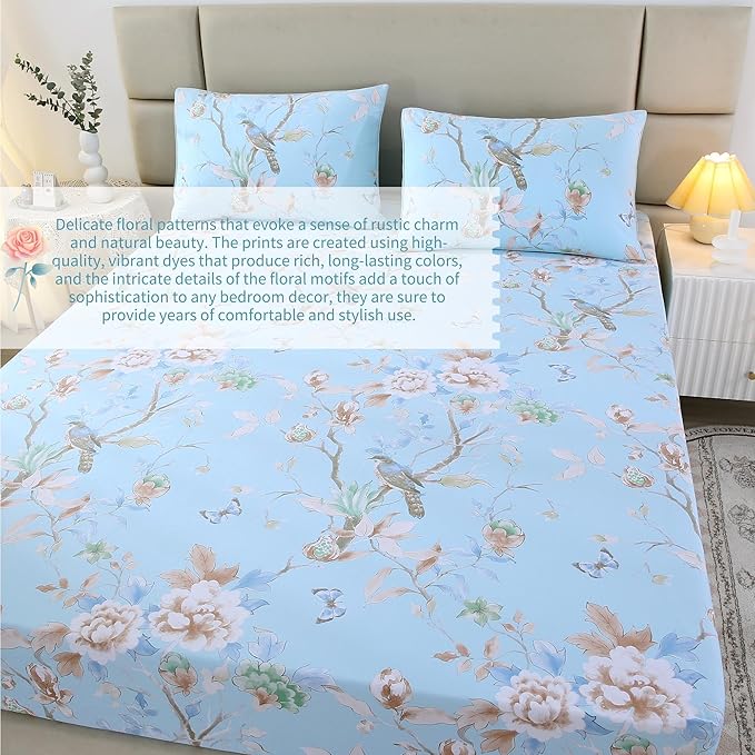 RYNGHIPY Egyptian Cotton Bed Sheet Set Blue Bird Botanical Pattern Bed Sheets Deep Pocket Fitted Sheet Tree Branches Print Bedding Soft Breathable (Light Blue,Queen Size)