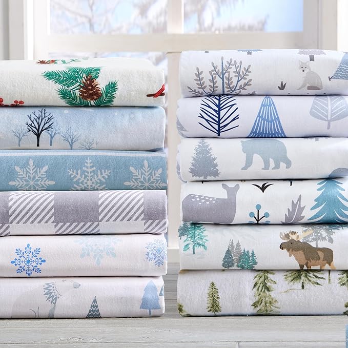 Market & Place 100% Cotton Full Flannel Sheet Set | 4 Piece Deep Pocket Novelty Cozy Winter Bed Sheets | Double Brushed for Extra Softness & Comfort | Alpine Collection (Full, Winter Landscape)