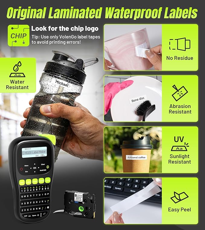 Label Maker Machine with 4 Tapes, Wire Label Maker Waterproof-Labels, Laminated Handheld Label Printer, Backlit & Portable & One-Touch Key, H1100 Labeler for Industrial Office Organization