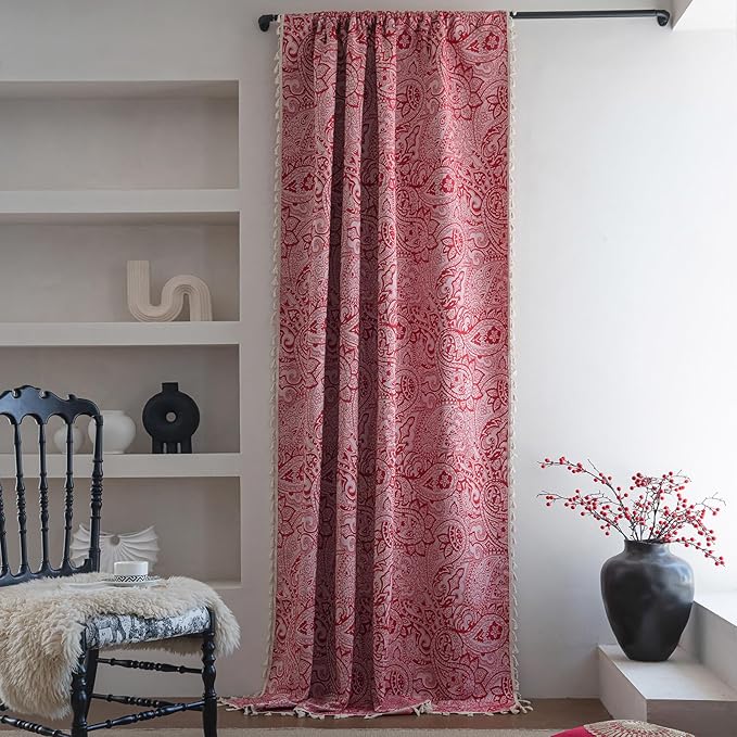 ENJOYBRIDAL Red Paisley 84 Inch Curtains for Bedroom Semi Sheer Drapes Rod Pocket 2 Panels Floor Length Window Curtain Panels for Living Room Farmhouse Jacquard Decorative Vintage Window Treatments