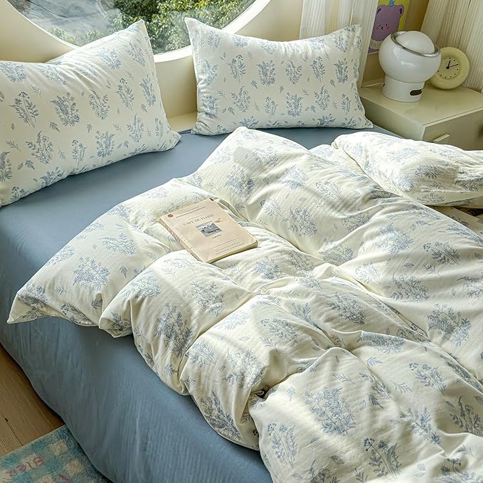 LifeTB Muslin Duvet Cover Set Twin XL Vintage Botanical Floral Duvet Cover 100% Cotton Linen Feel Flower Bedding Set Soft Gauze Comforter Cover Breathable Lightweight Cottagecore Bedding Set
