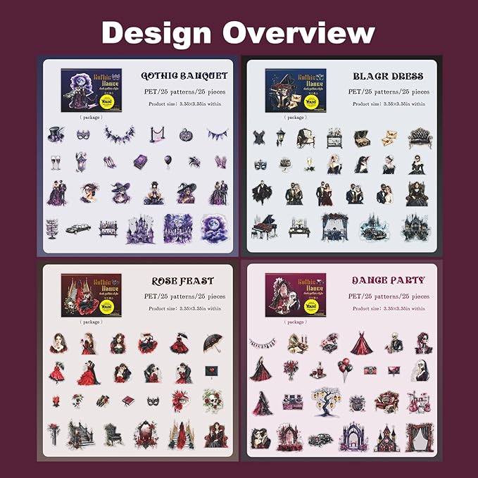 AuriicLeaf Dark Gothic Ballroom PET Sticker Set, 100PCS Vintage Dance Ephemera for Scrapbooking, Journaling, DIY Crafts, and Planner Supplies