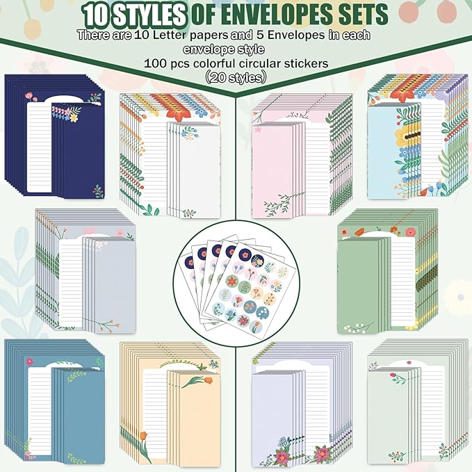 EggSun 250Pcs Cute Stationery Paper and Envelope Set with 100 Letterhead Papers and 50 Envelopes,10 Design for Letter Writing Invitations Computer Holidays Party Notes, 8.5x11 Inch- Lined Flower